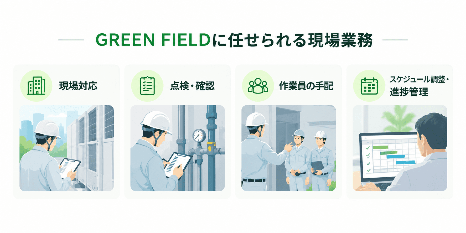 GREEN FIELDに任せられる現場対応、点検確認、作業員手配、スケジュール調整・進捗管理のイメージ